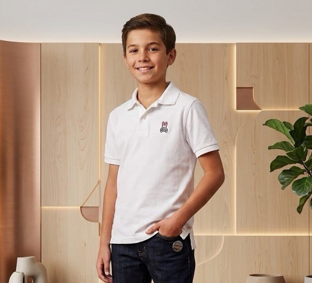 Psycho Bunny Boys L 14/16 White Pima Cotton Short Sleeve Pique Polo Shirt